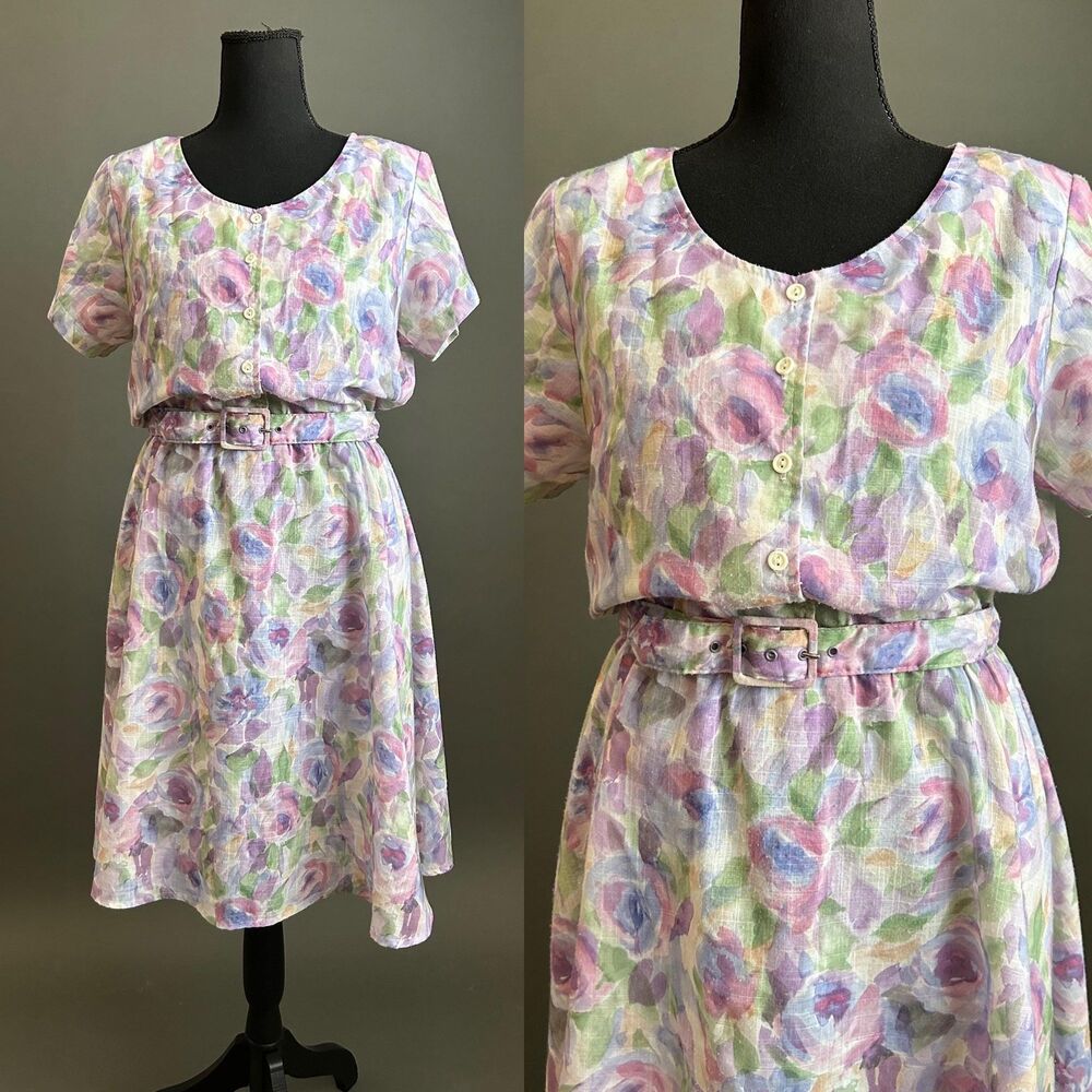 Vintage 1980s Lavender Floral A-line Shirtdress, XL